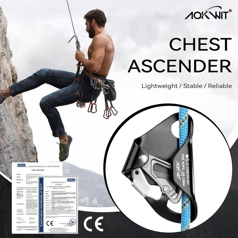 AOKWIT Chest Ascender Tree Climbing Gear Rope Grab High-Strength Aluminum Alloy Rappelling Equipment CE Certified for Rock Climbing Rescue Aerial Work Mountaineering Caving Arborist Work 8-13mm Ropes - Image 3